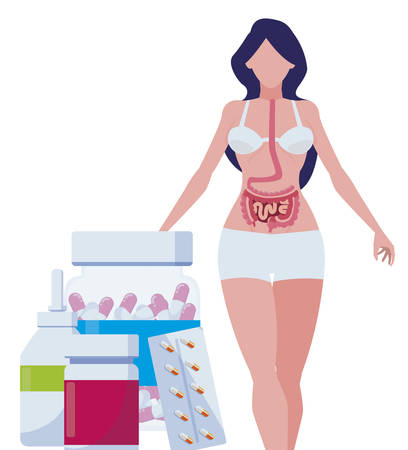 female anatomy with digestive system and medicines vector illustration designのイラスト素材