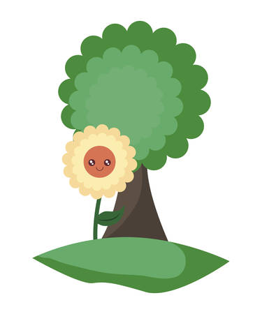 cute sunflower kawaii with trees plants vector illustration designのイラスト素材