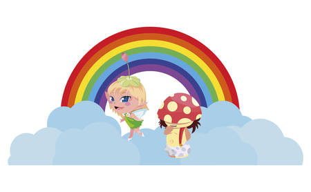 beautiful magic fairy and fungu elf with rainbow scene vector illustration designのイラスト素材