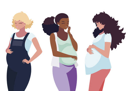 interracial group of pregnancy women in heart vector illustration designのイラスト素材