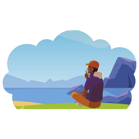 afro man contemplating the horizon in the field scene vector illustration designのイラスト素材