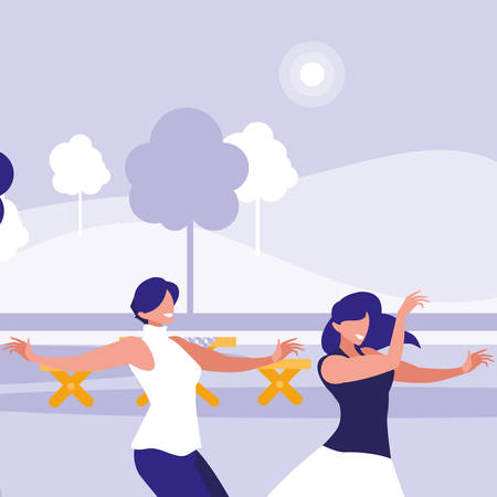 young girls dancing in the park characters vector illustration designのイラスト素材