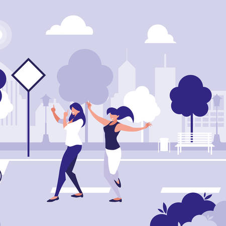 young girls dancing in the park characters vector illustration designのイラスト素材
