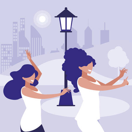 young girls dancing in the park characters vector illustration designのイラスト素材
