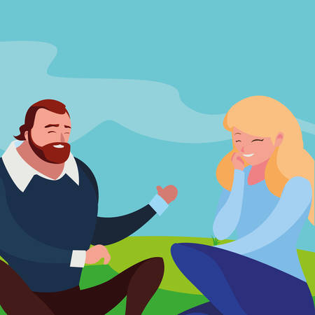 young couple seated in the field vector illustration designのイラスト素材