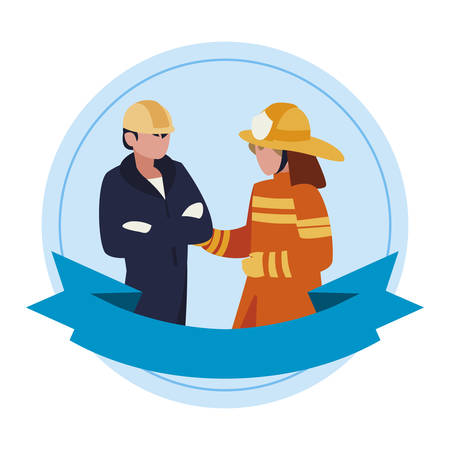 couple of professional workers with ribbon frame vector illustration designのイラスト素材