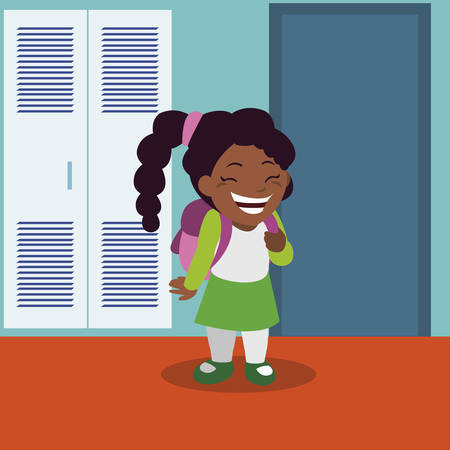 little black schoolgirl with schoolbag in school corridor vector illustration designのイラスト素材