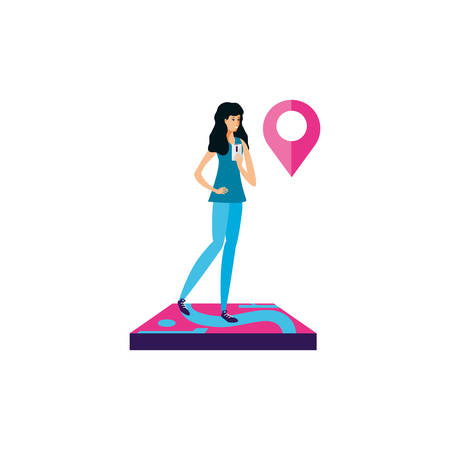 woman using smartphone with pin pointer location vector illustration designのイラスト素材
