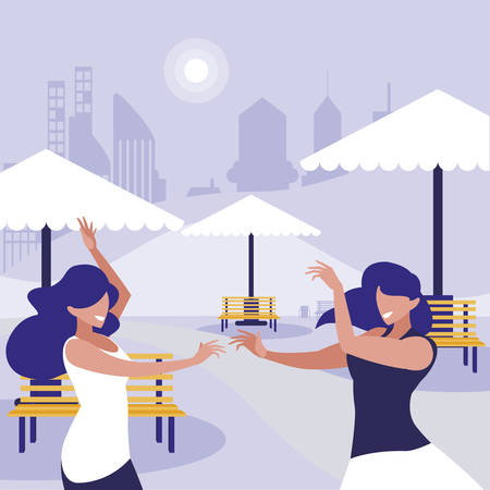 young girls dancing in the park characters vector illustration designのイラスト素材