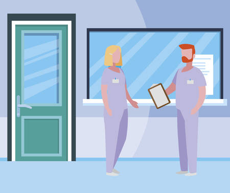 couple medicine workers in hospital reception vector illustration designのイラスト素材