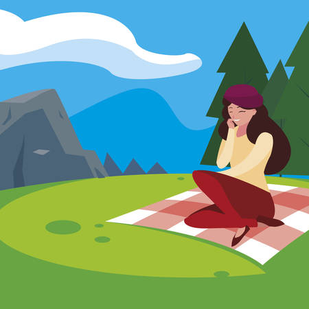 woman with beret seated in the park picnic day vector illustration designのイラスト素材