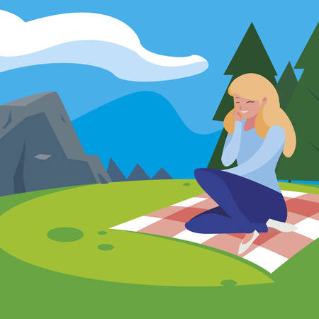 beautiful woman seated in the camp picnic day vector illustration designのイラスト素材