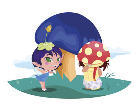 beautiful magic fairy and fungu elf in the garden vector illustration designのイラスト素材