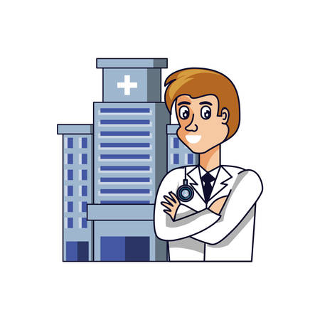 doctor professional with hospital facade vector illustration designのイラスト素材