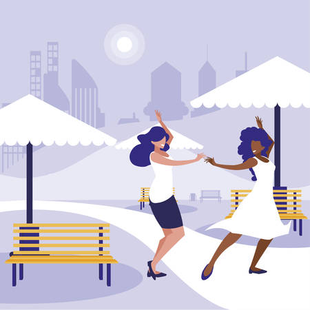 young interracial girls dancing in the park vector illustration designのイラスト素材
