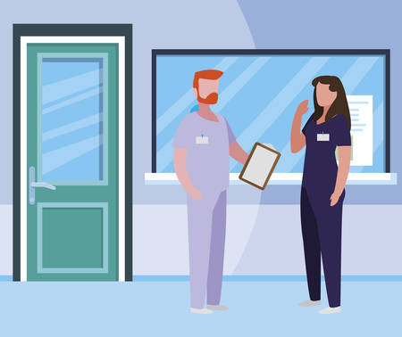 couple medicine workers in hospital reception vector illustration designのイラスト素材