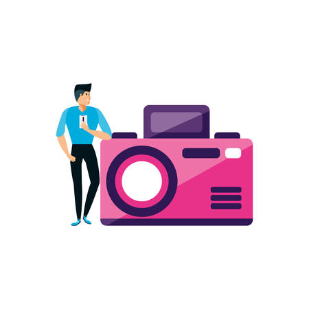man using smartphone with camera photographic vector illustration designのイラスト素材