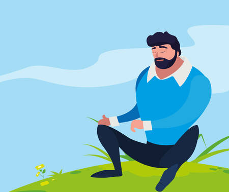 strong and bearded man seated in the field vector illustration designのイラスト素材