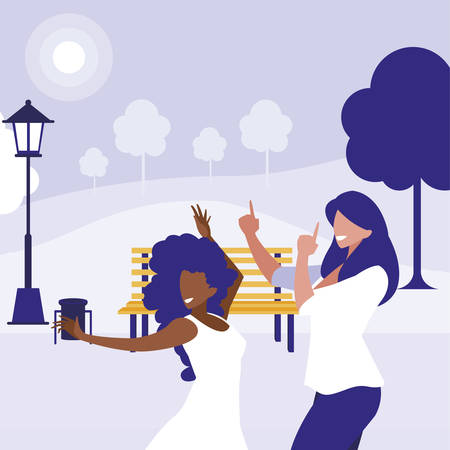 young interracial girls dancing in the park vector illustration designのイラスト素材