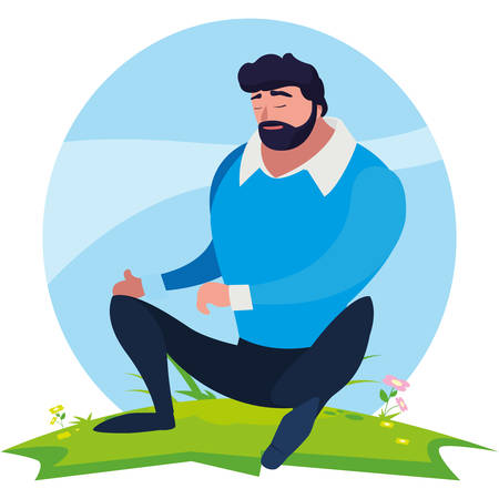 strong and bearded man seated in the field vector illustration designのイラスト素材
