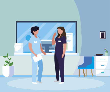female medicine workers in hospital reception vector illustration designのイラスト素材