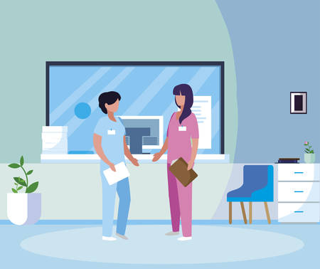 female medicine workers in hospital reception vector illustration designのイラスト素材