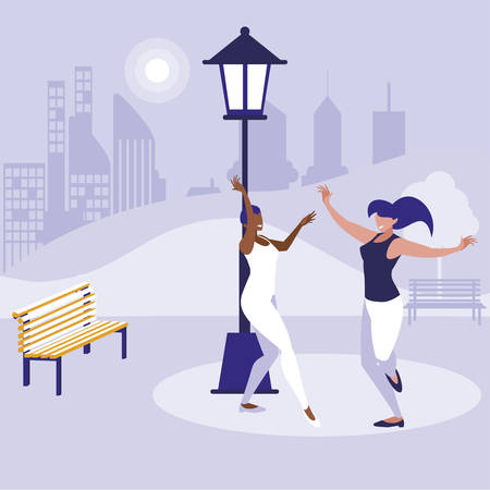 young interracial girls dancing in the park vector illustration designのイラスト素材