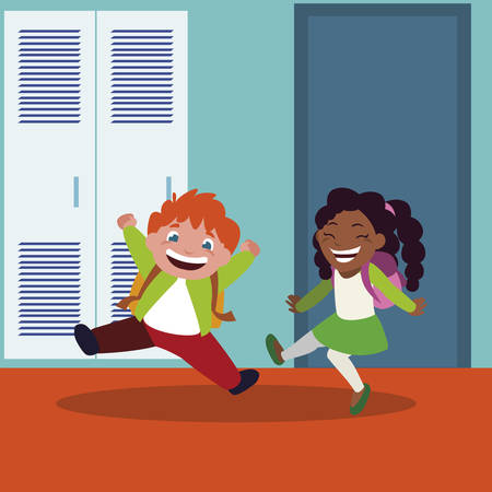 happy little interracial school kids in the school corridor vector illustration designのイラスト素材