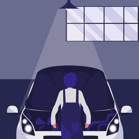 mechanic worker with car in the workshop vector illustration designのイラスト素材