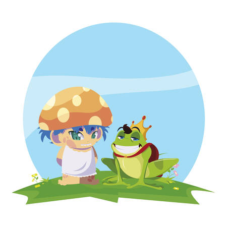 toad prince and fungu elf in garden vector illustration designのイラスト素材
