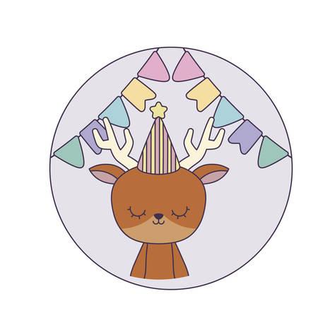 cute reindeer with hat party in frame circular vector illustration designのイラスト素材