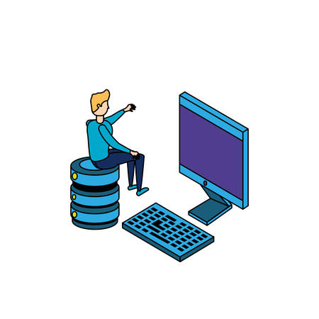 businessman worker with computer and data center disks vector illustration designのイラスト素材