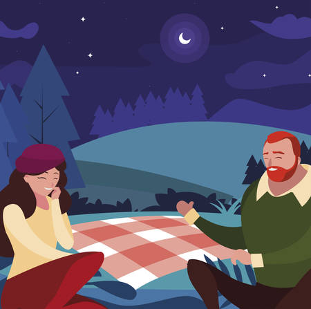 young couple seated in the field picnic day vector illustration designのイラスト素材