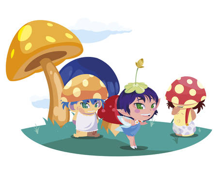 beautiful magic fairies with fungu elf in the garden vector illustration designのイラスト素材