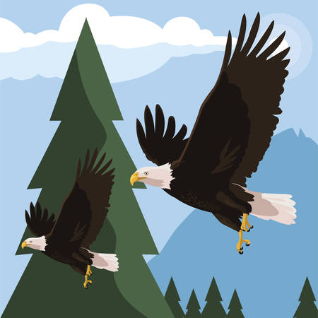 beautiful bald eagles flying in the landscape vector illustration designのイラスト素材