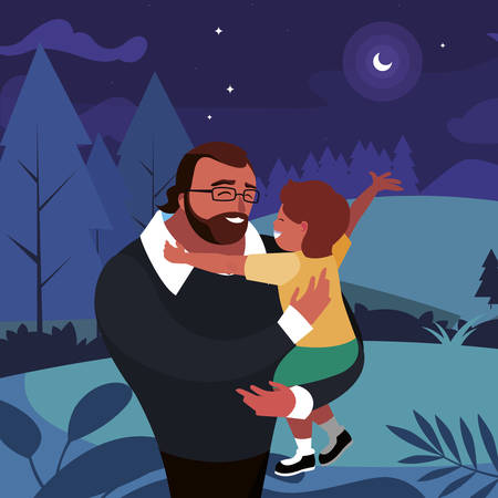 father with son in the field at night vector illustration designのイラスト素材