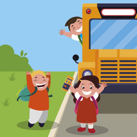 happy little school kids in the bus stop vector illustration designのイラスト素材