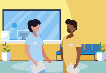 interracial couple medicine workers in reception hospital vector illustration designのイラスト素材