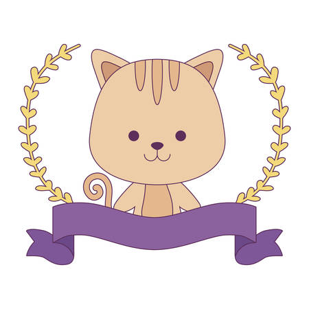 cute cat with ribbon and branches of leafs vector illustration designのイラスト素材