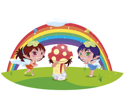 beautiful magic fairies with fungu elf and rainbow vector illustration designのイラスト素材