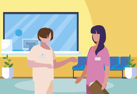 couple medicine workers in hospital reception vector illustration designのイラスト素材