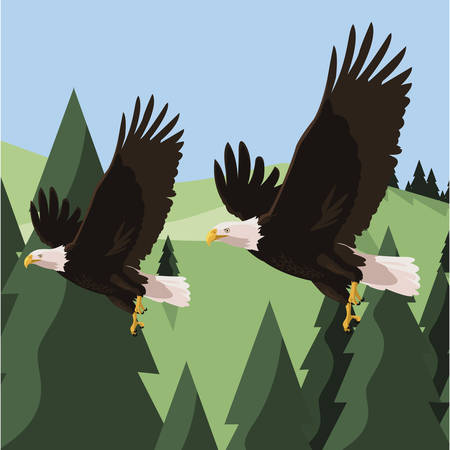 beautiful bald eagles flying in the landscape vector illustration designのイラスト素材