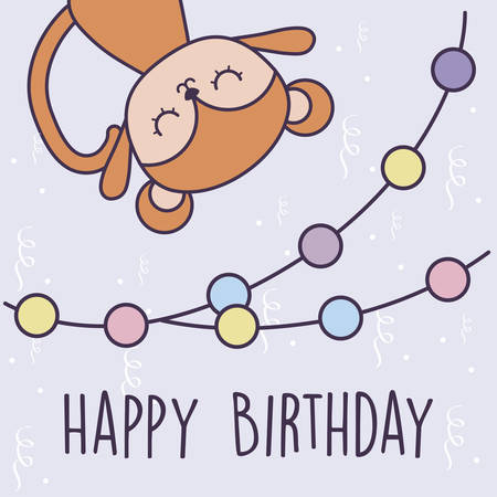 happy birthday card with cute monkey and garlands vector illustration designのイラスト素材