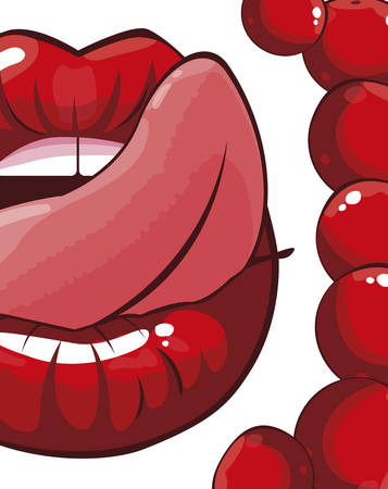 sexy female lips with cherries fruit pop art style vector illustration designのイラスト素材