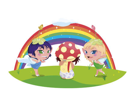 beautiful magic fairies with fungu elf and rainbow vector illustration designのイラスト素材