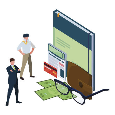 mini business people with office notepad and set items vector illustration designのイラスト素材