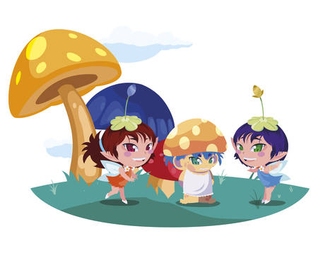 beautiful magic fairies with fungu elf in the garden vector illustration designのイラスト素材