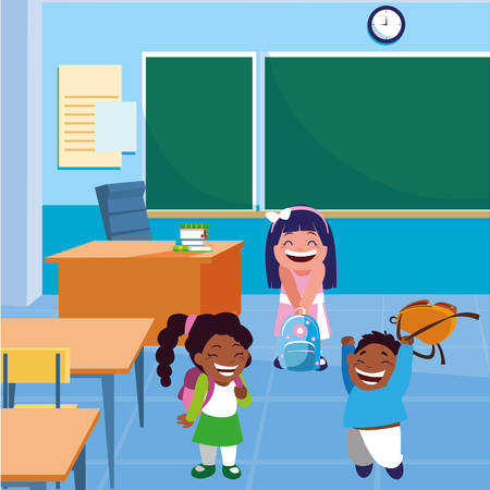 happy little interracial school kids in the classroom vector illustration designのイラスト素材