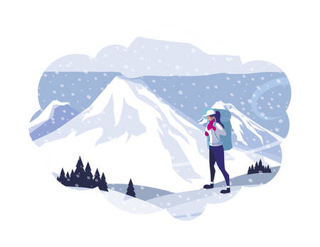 adventurous woman with travelbag in the snowscape vector illustration designのイラスト素材