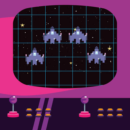 arcade game screen with pixel spaceship vector illustrationのイラスト素材